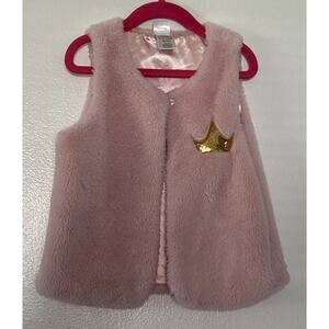 Disney Princess Pink Faux Fur Vest Size 6X Open Front Gold Sequin Crown Tiara